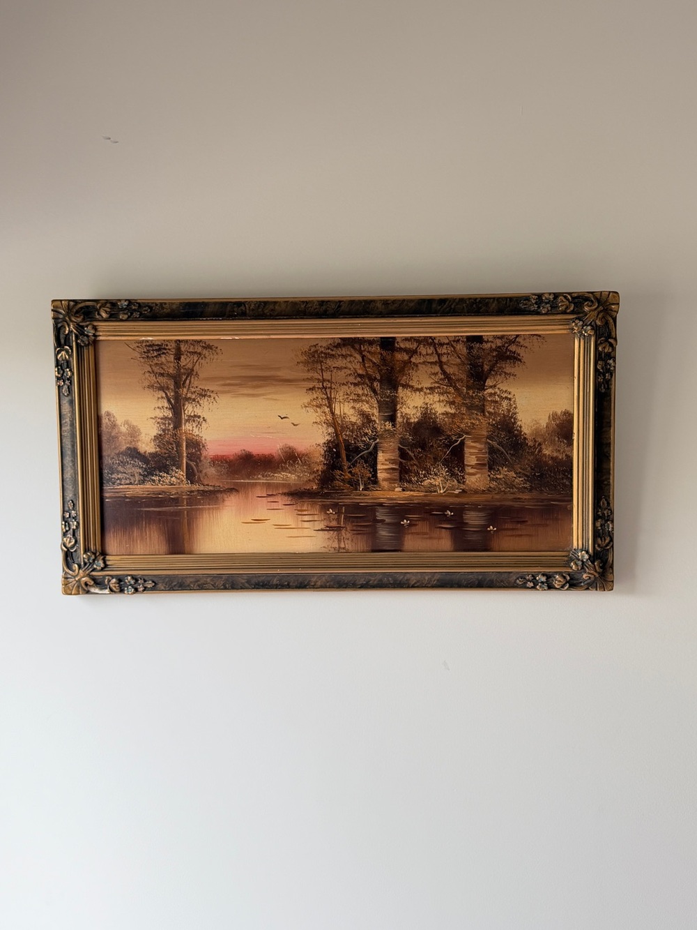 Framed Lake Painting, Vintage Sunset Landscape